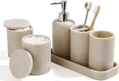 6-Piece Modern Beige Bathroom Set – Toothbrush Holders, Soap Dispenser, Tumbler & Vanity Organizer