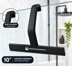 10-Inch Shower Squeegee with Built-In Hook – Black Bathroom Glass & Tile Cleaner
