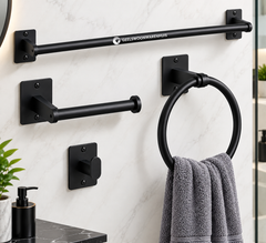 4-Piece Black Bathroom Accessories Set – Modern Bathroom Hardware & Wall-Mounted Organizer Set