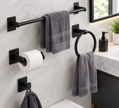 4-Piece Black Bathroom Accessories Set – Modern Bathroom Hardware & Wall-Mounted Organizer Set